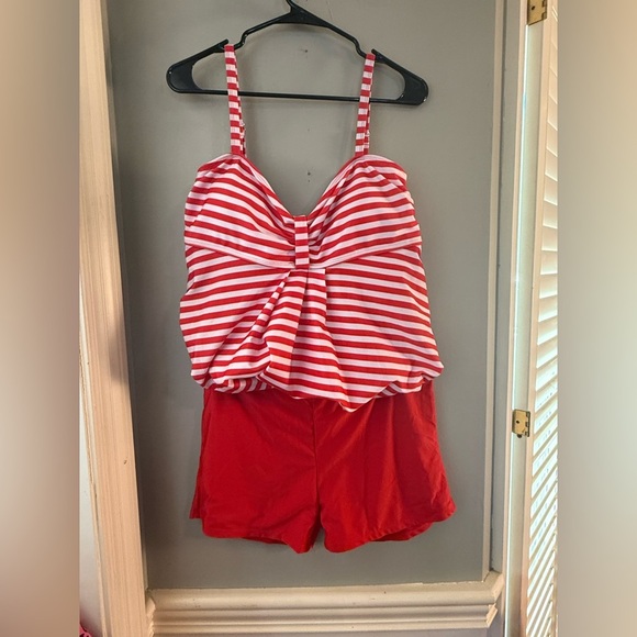 Red and White Striped Swim 2 Piece with Ruched Detail - Picture 2 of 14